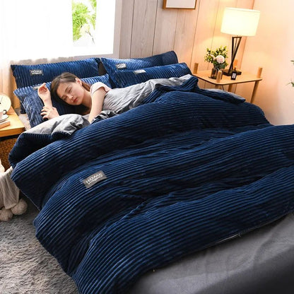 Milk Velvet Winter Thick Bed Set Double Sided Solid Color Flannel Corduroy Duvet Cover Set Winter Warm Bedding Sheet  220×240CM