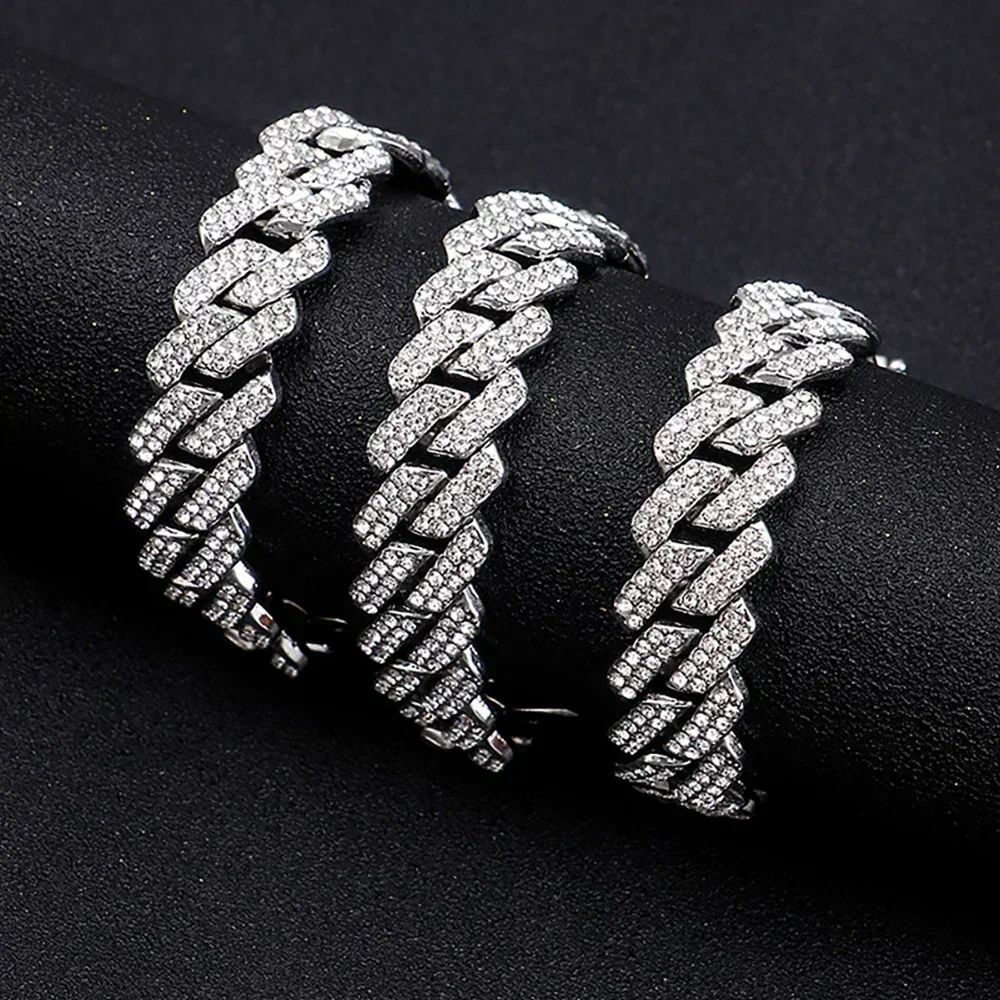 Hip Hop Brilhante Colar Corrente Cubana 15MM Feminino Masculino Cor Prata Strass Gelo Fora Corrente Cubana Punk Joias Colar Presente