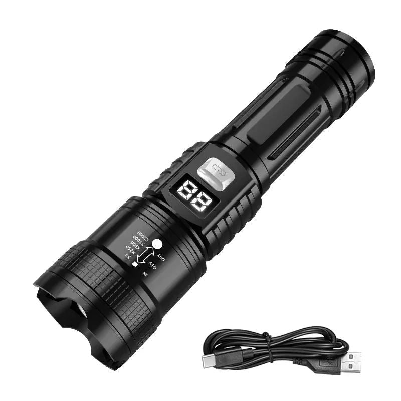 Lanterna LED de alta potência, recarregável via USB, com bateria embutida, super brilhante, para emergências e acampamento ao ar livre