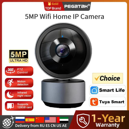 PEGATAH 5MP Wifi IP CameraVideo Surveillance Cam HD Night VIsion Two Way Audio Auto Tracking Cloud Smart Home Camera Tuya APP