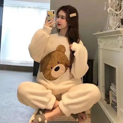Thickened Warm Women Winter Two Pieces Set Flannel Homewear Pajamas O-Neck Loose Cute Cartoon Bear Ladies Sleepwear Loungewear