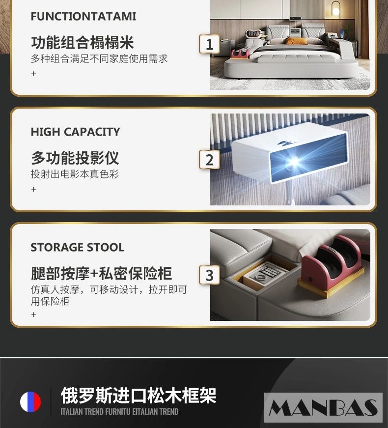 Linlamlim Ultimate Multifunctional Bedframe - Tech Smart Bed with Genuine Leather, Massage, Speaker, Projector, Air Purifier