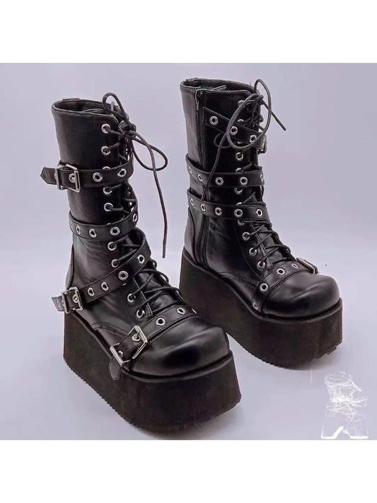 Plus Size 43 Autumn Women Boots Buckle Round Toe Wedges Platform Boots Punk Goth INS Women Street Shoes Combat Boots for Women