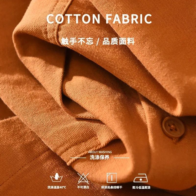 Cargo Shirt Men Spring Autumn Double Pocket Long Sleeve Shirts Male Casual Pure Cotton Orange Shirt Japanese Fashion Loose Shirt