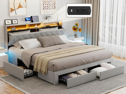 King Bed Frame with Charging Station Storage Headboard Upholstered Linen Button Tufted LED Platform Bed with 4 Drawers
