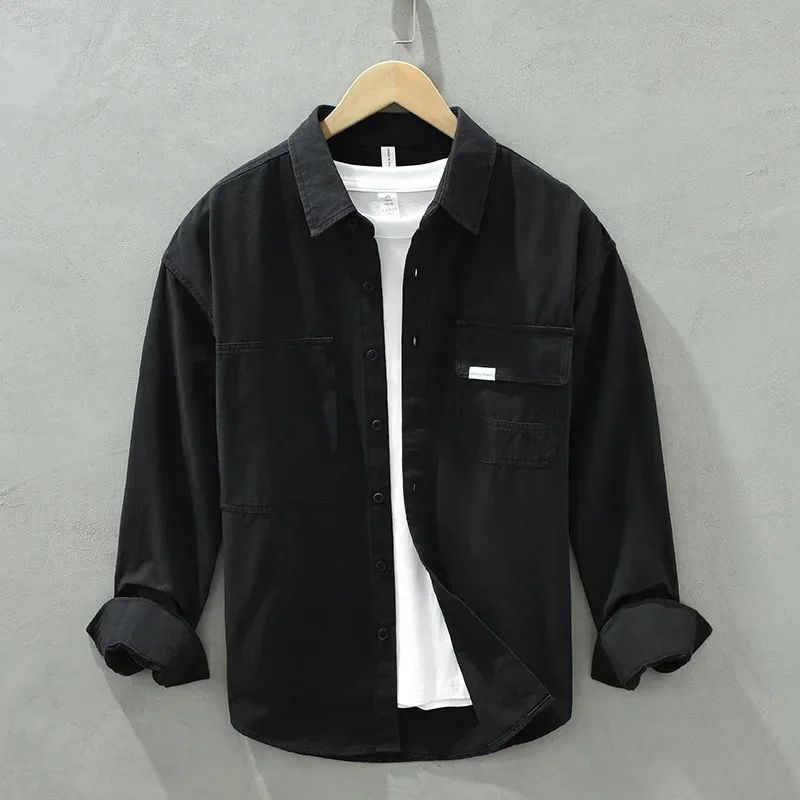 Cargo Shirt Men Spring Autumn Double Pocket Long Sleeve Shirts Male Casual Pure Cotton Orange Shirt Japanese Fashion Loose Shirt