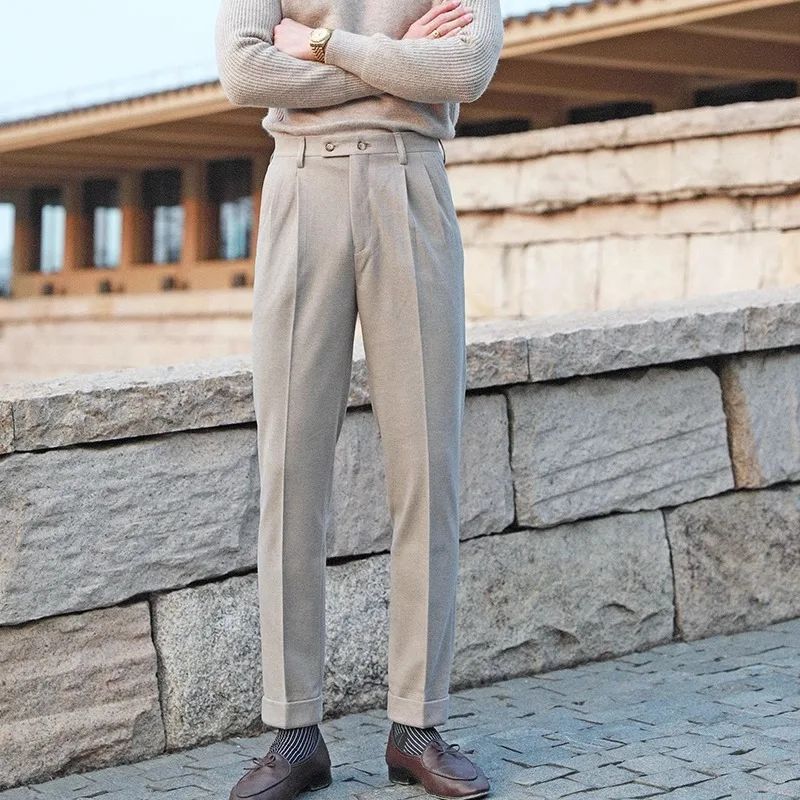 Men's Neapolitan High Waist Autumn Winter Woolen Trousers Straight Leg Drapey No Iron Business Pants Casual Scene