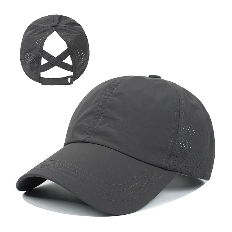 Boné de Beisebol de Verão Cor Sólida Roupa de Golfe Feminina Esporte Lazer Boné Cruzado com Rabo de Cavalo Chapéu de Malha Secagem Rápida Meio-Oco Boné Masculino com Aba Curva