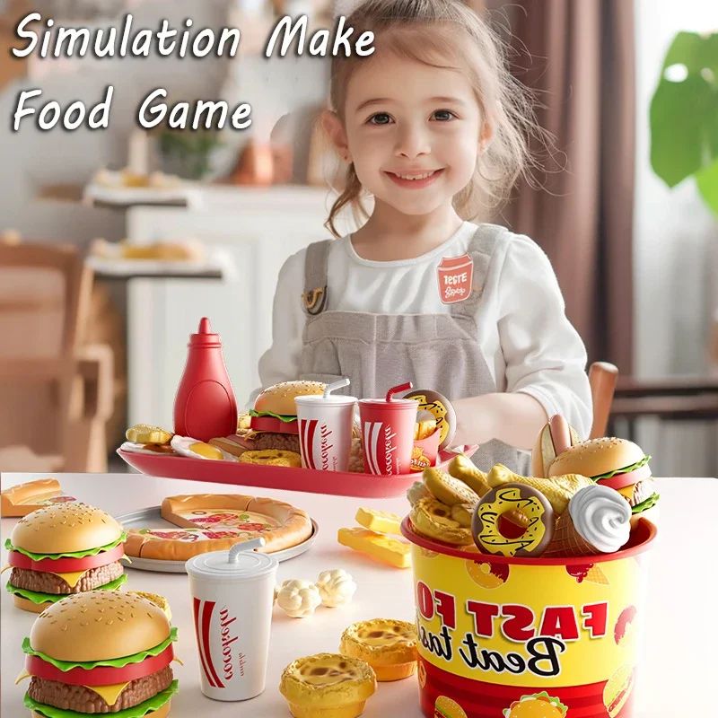 Conjunto de Brinquedos de Cozinha Infantil Simulação de Hambúrguer Pizza Batata Frita Brinquedo de Faz de Conta Comida Cozinha Jogo de Cortar Brinquedo Interativo Montessori Presente