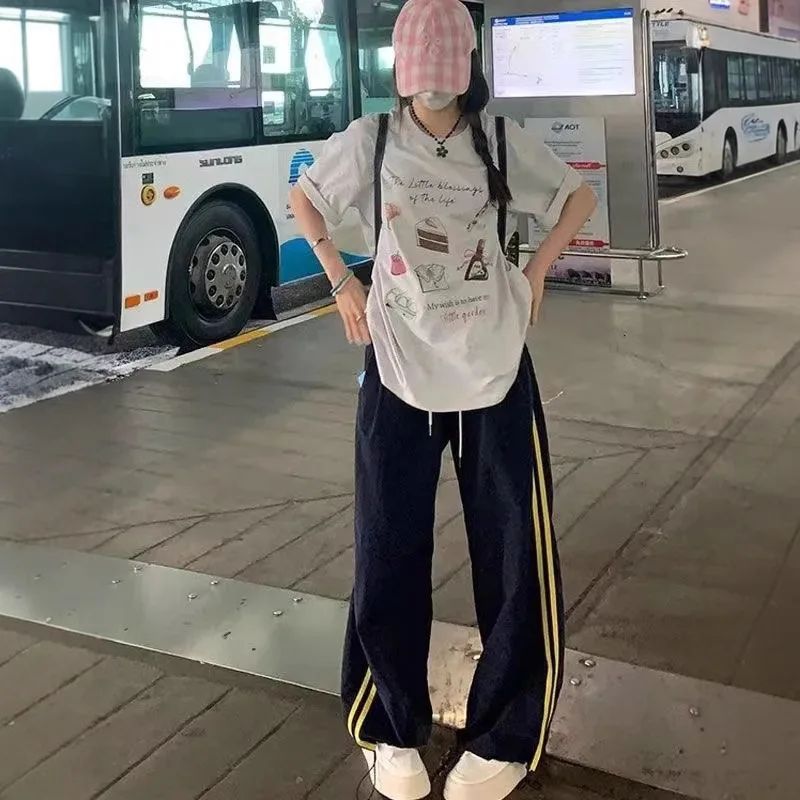 American Sporty Casual Pants Women's Hip Hop Elastic Waist Loose Wide Leg Trendy Cool Girl Quick Dry Pants