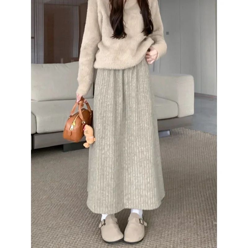 Plus Size Women's Fleece-Lined Thickened Skirt High-Waisted Slimming Medium-Length A- Line Korean Style New Arrival For Autumn/W