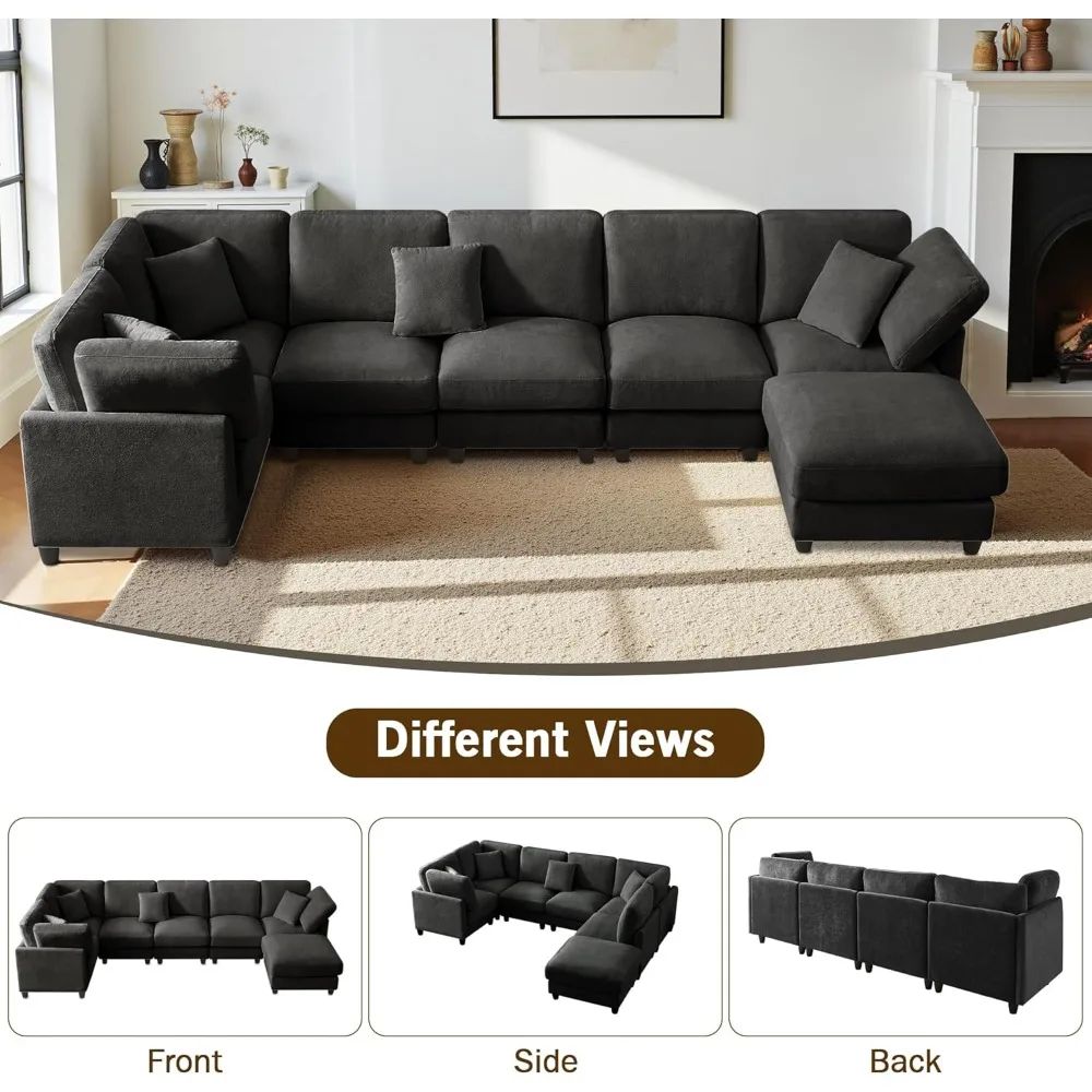 Luxury Oversized Chenille Sofa – 7-Seat Modular Sectional Cloud Couch with Movable Ottoman, Convertible for Living Room