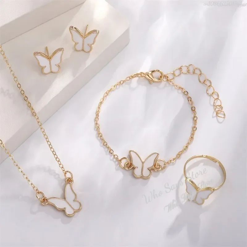 Conjuntos de Joias de Borboleta com Cristal Acrílico Romântico Pulseira Anel Colar Brinco Conjunto para Mulheres Acessórios de Vestido de Jantar de Casamento