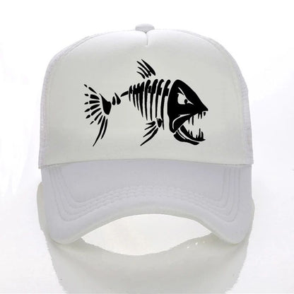 Boné de Beisebol com Ossos de Peixe Crânio Chapéu de Pesca ao Ar Livre Masculino Boné de Malha Respirável de Verão para Entusiastas da Pesca, Bonés Snapback Ajustáveis