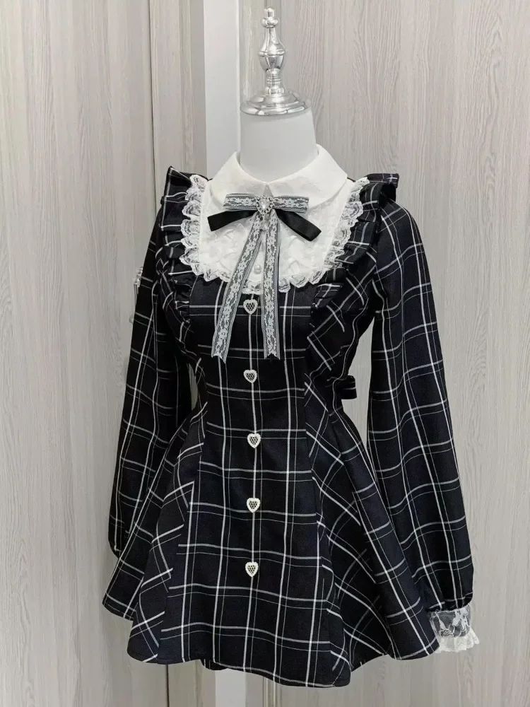 Harajuku Sweet Bow Black Plaid Dresses All-match Slim Fit Kawaii Lolita Dress fo