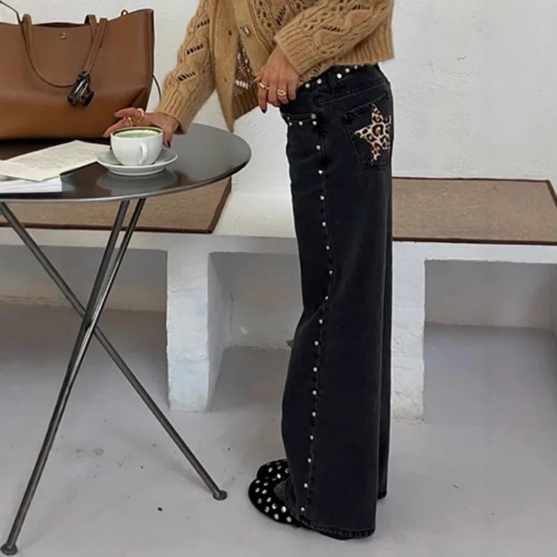Women Y2K Vintage Jeans Patchwork Leopard Star Pattern Metal Rivet Jeans Female Baggy Casual Straight Leg Pants Women Clothing