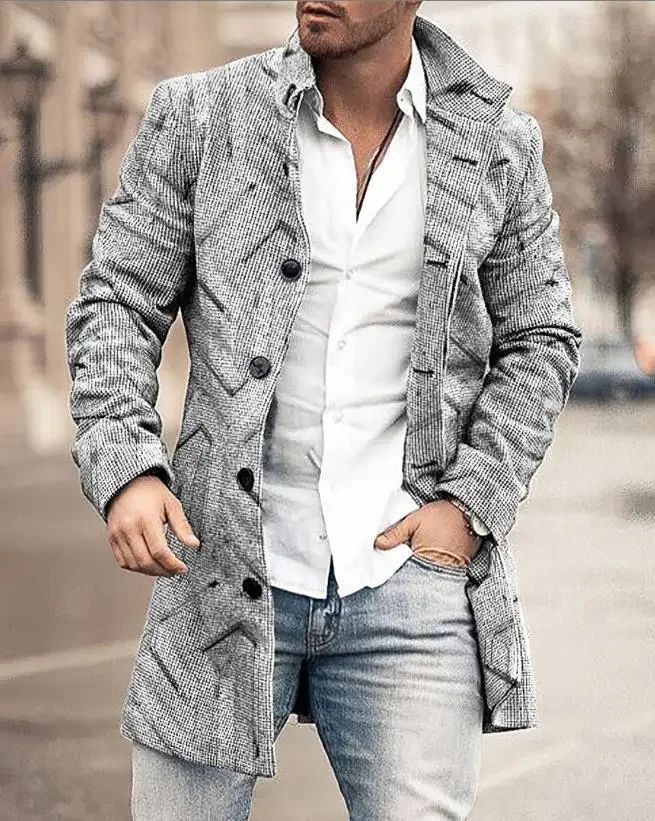 European and American Woolen Overcoat for Autumn and Winter. Korean Style Fashionable Men's Stand-up Collar Woolen Overcoat.