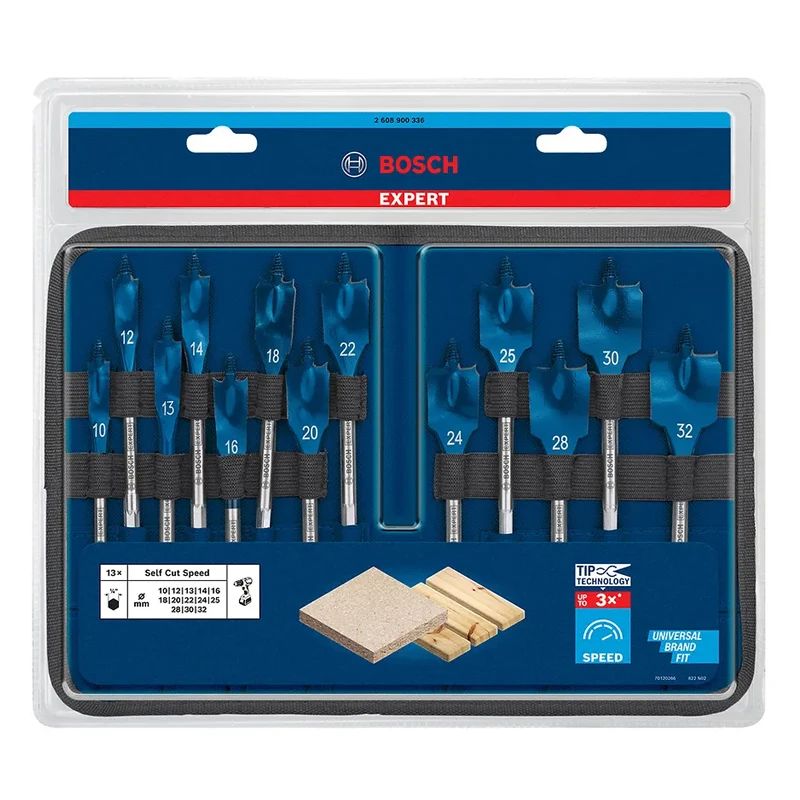 BOSCH 2608900336 Jogo de Brocas Chata EXPERT Self Cut Speed 10-32 mm Acessórios para Furadeiras de Impacto para Perfuração em Madeira
