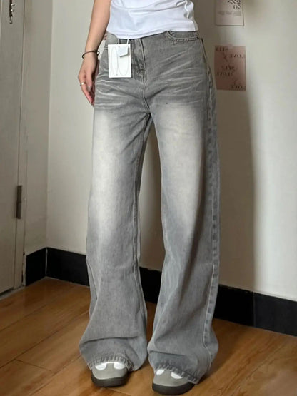 Vintage Wide-Leg Jeans Grey American Style Straight-Leg Casual Pants For Women Loose Fit Draped Spring Autumn 2024 New Arrival