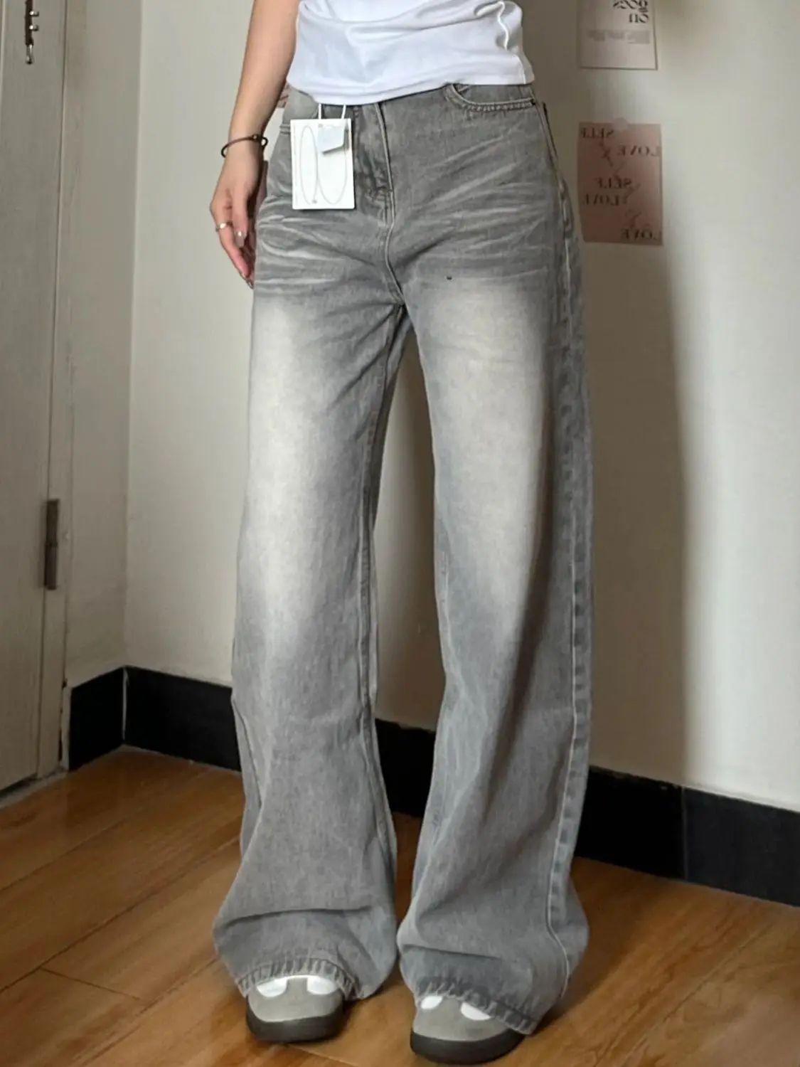 Vintage Wide-Leg Jeans Grey American Style Straight-Leg Casual Pants For Women Loose Fit Draped Spring Autumn 2024 New Arrival
