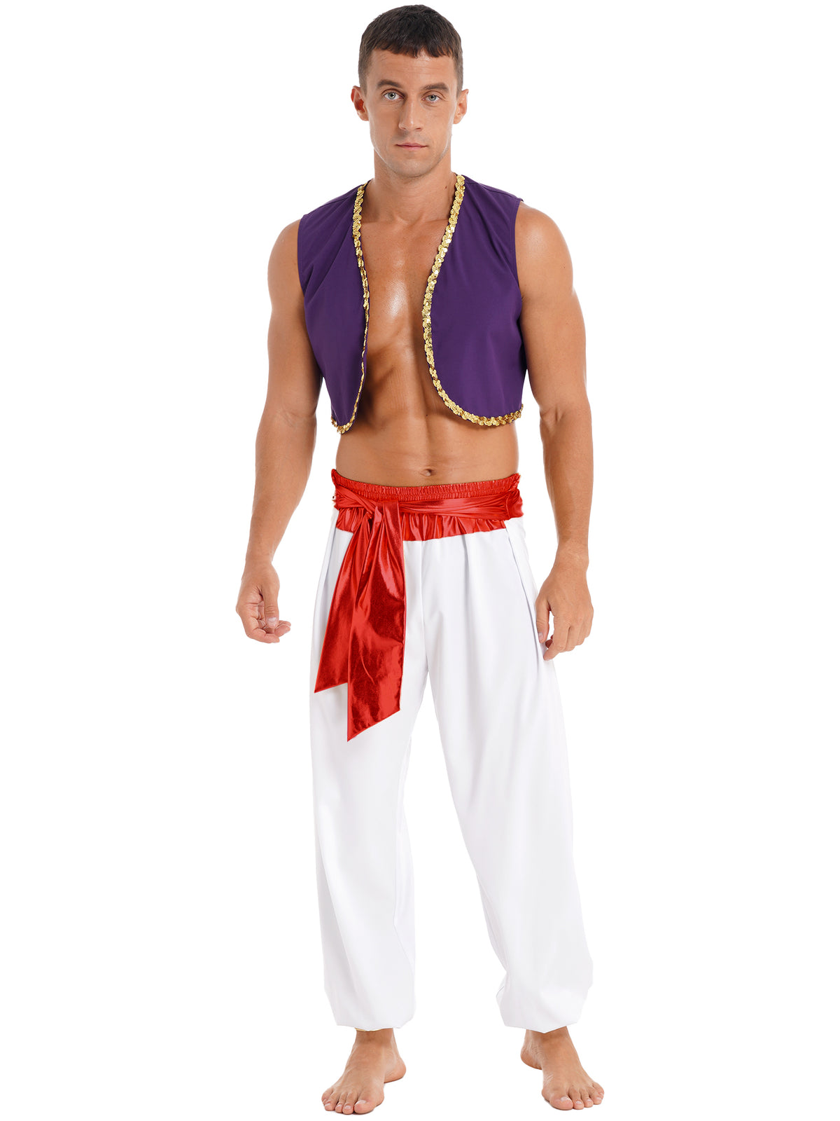 Aladin Costume Men Arabian Prince Cosplay Dress Up Waistcoat Top Harem Pants Suit Halloween Theme Party Carnival Stage Outfits