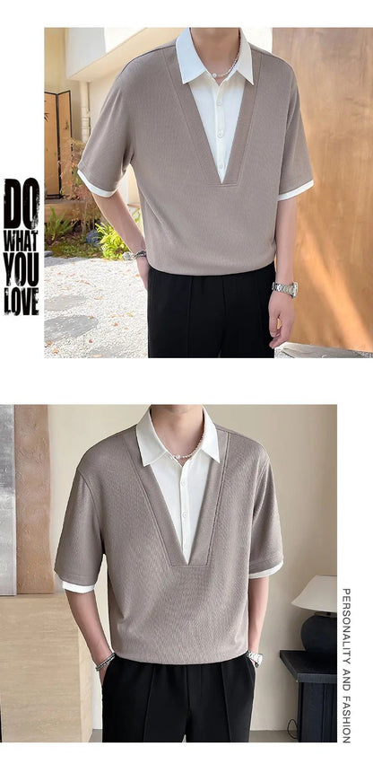 2025 summer new men's fake two-piece shirt, men's clothing, trendy brand, casual, high-end short-sleeved polo shirt
