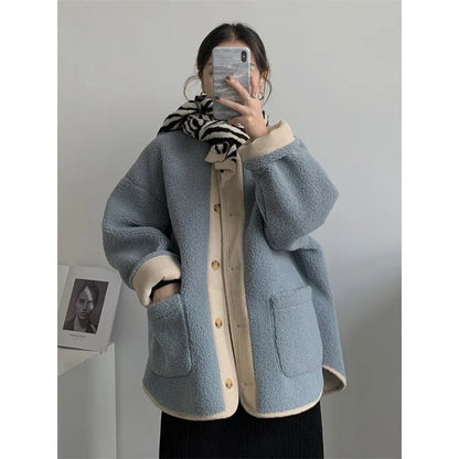 2024 Winter New Women's Lamb Wool Jacket Petite Loose-Fit Thickened Integrated Deer Skin Fleece Medium-Length Korean Style