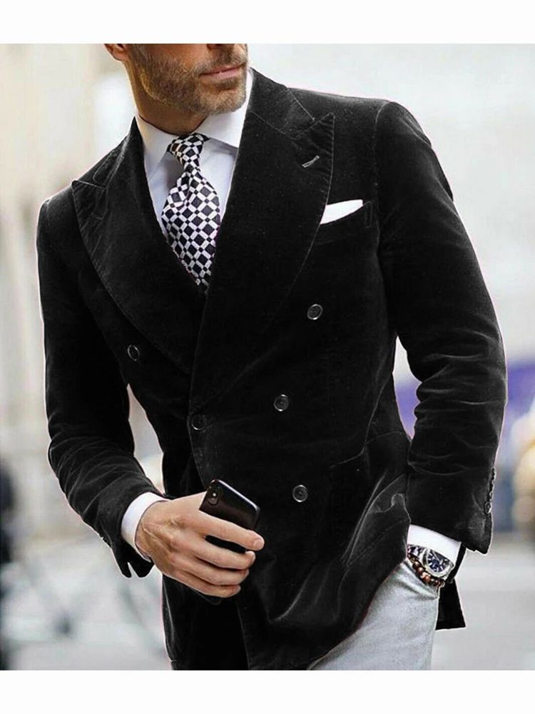 Velvet Double Breasted Blazer for Men Dinner Party Italian Style Smoking Prom Jacket Elegant Jacket for Wedding Party 2025