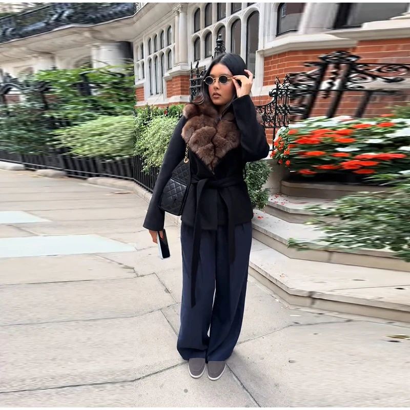 Elegant Fur Collar Woolen Coat Women Contrast Full Sleeve Turn-down Collar Loose Lace Up Coats Female 2025 Autumn Lady Outwears