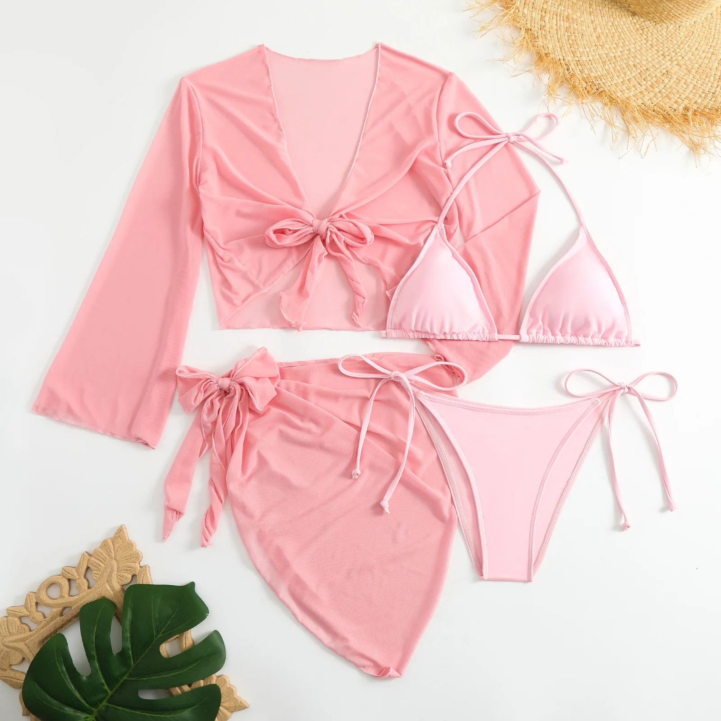 Women Pink Micro Mini String Bikini Sets 4 Pieces with Mesh Cover Tops and Skirt Swimsuit Bathing Suit Beach Outfits Biquini