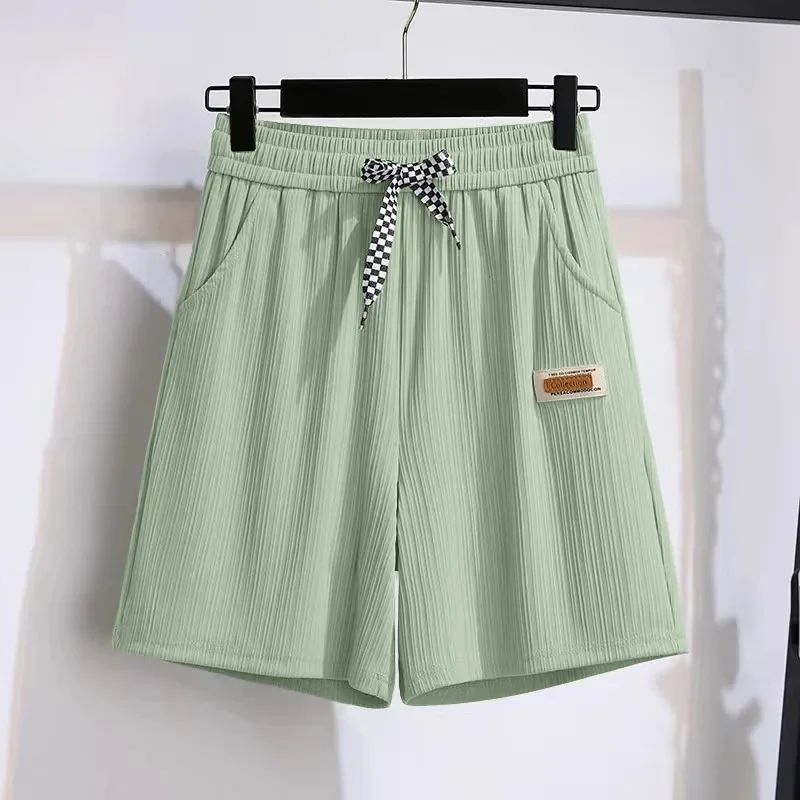 Ice silk shorts, women's summer thin slim, loose high-waisted straight mid pants, casual wide-leg pants, cropped pants