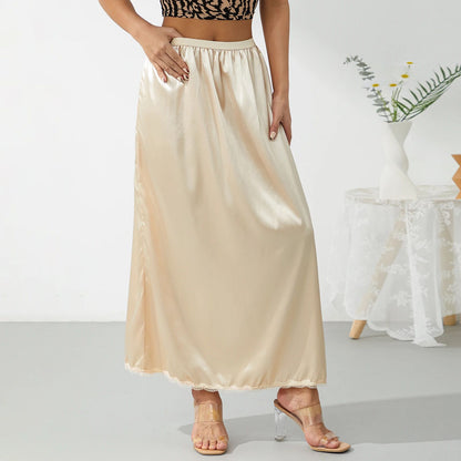 Elastic Waist Inner Lining Midi Skirt Women Solid Color Satin Half Slip Underskirt Long Underskirt for Ladies White/Black/Yellow