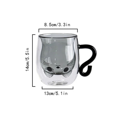 Copo de Vidro de Parede Dupla Gato Criativo 250ml com Alça Copo de Café Fofo Caneca Resistente ao Calor Utensílio de Cozinha para Escritório