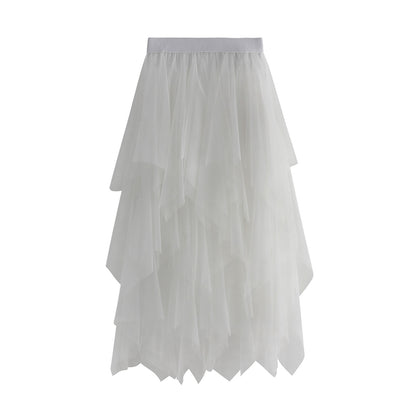 New Fairycore Lady ´s Fashionable Sexy Solid Color Mesh Skirt, Irregular Elastic Tulle Bubble Skirt, Daily Life and Vacation