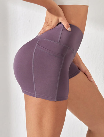 Women High Waist Yoga Sport Biker Shorts for Fitness Cross Waist Pocket Yoga Pant