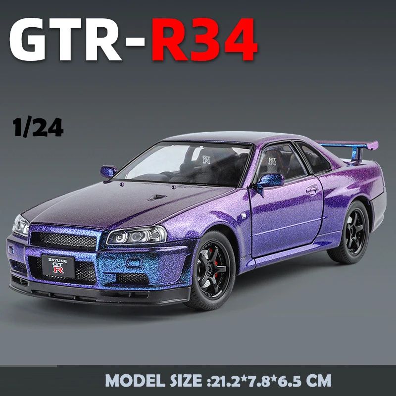 1/24 Nissan Skyline GTR-R34 Velozes e Furiosos Modelo de Carro em Liga Leve com Luz e Som Miniatura Colecionável Veículo de Brinquedo para Meninos