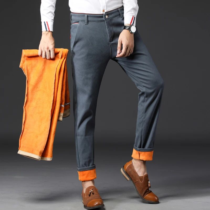 Winter Men Korean Fashion Straight Leg Pants Winter Snow Warm Thermal Thicken Casual Pants New Fleece Slim Fit Business Trousers