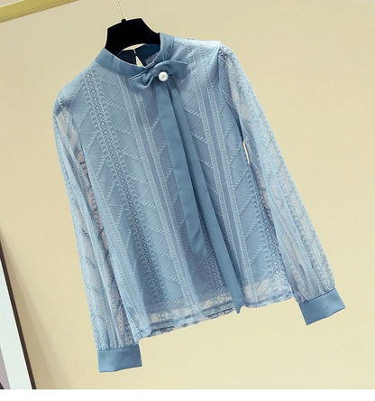 Women Blouse Shirt New Long Sleeve Stand Collar Elegant Lace-up Blouse Shirt Women Tops Blouses Shirts Blusas Camisas 2025 Q687