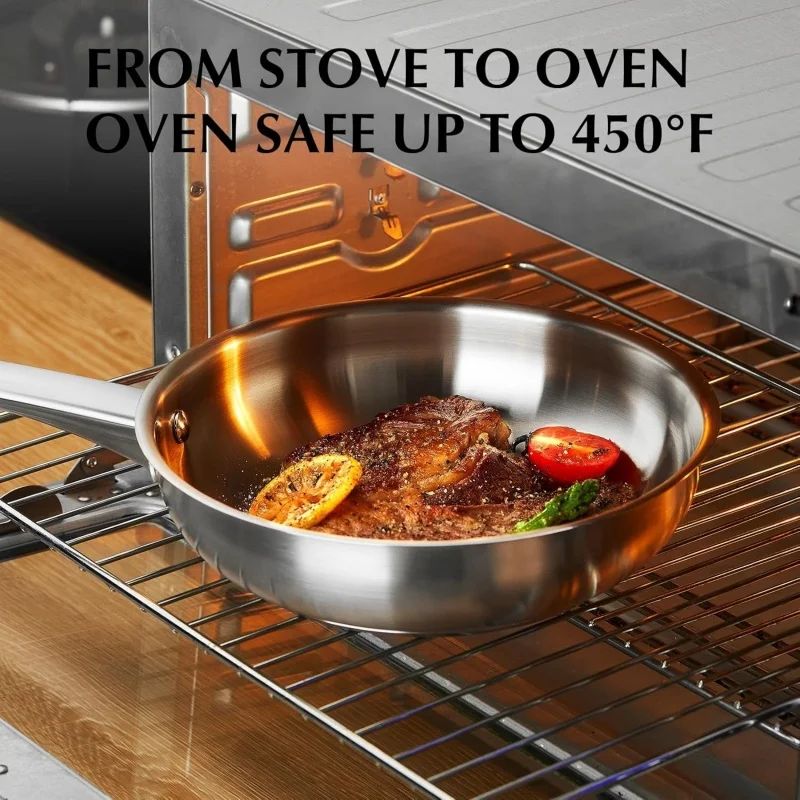 KOCH SYSTEME CS 8/10inch Stainless Steel Frying Pan Breakfast Egg Steak Chicken Skillets with Tri-ply Bottom Kitchen Cookware