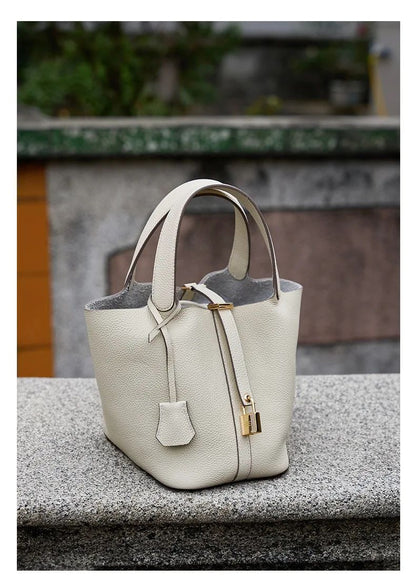 Genuine Leather Shoulder Bucket Bag Women Litchi Pattern Mini Basket Tote Soft Handbag Mommy Bride Wedding Bags with Lock