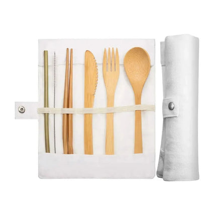 Conjunto Portátil de Talheres Reutilizáveis de Bambu Garfo Faca Colher de Madeira com Estojo de Viagem Utensílios de Cozinha Ecológicos