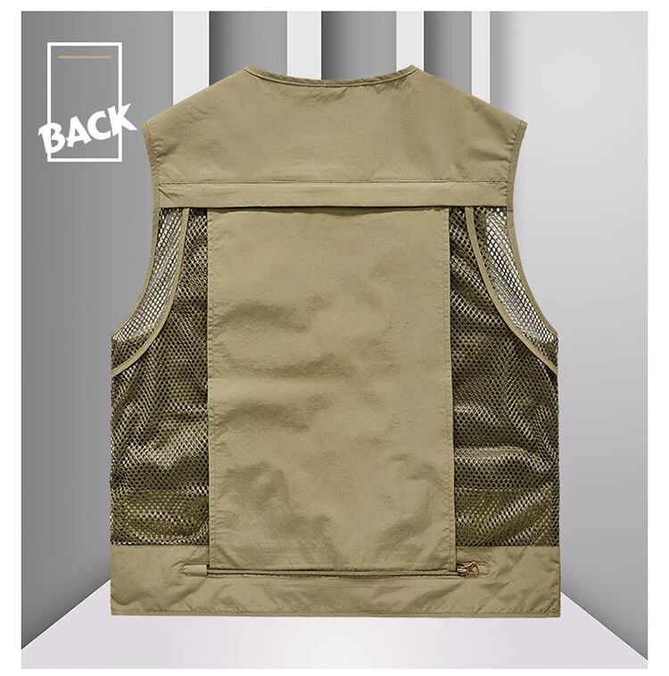 Colete Masculino de Malha com Vários Bolsos Secagem Rápida Sem Mangas Jaqueta Repórter Solto Casual Fino para Pesca Colete Masculino