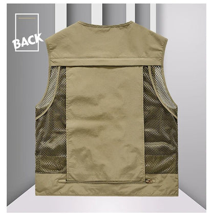 Colete Masculino de Malha com Vários Bolsos Secagem Rápida Sem Mangas Jaqueta Repórter Solto Casual Fino para Pesca Colete Masculino