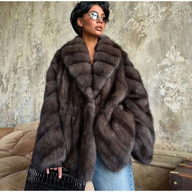 Women Patchwork Faux Fur Coat Elegant Contrast Full Sleeve Lapel Loose Long Staple Plush Jacket Winter High Street Outerwears