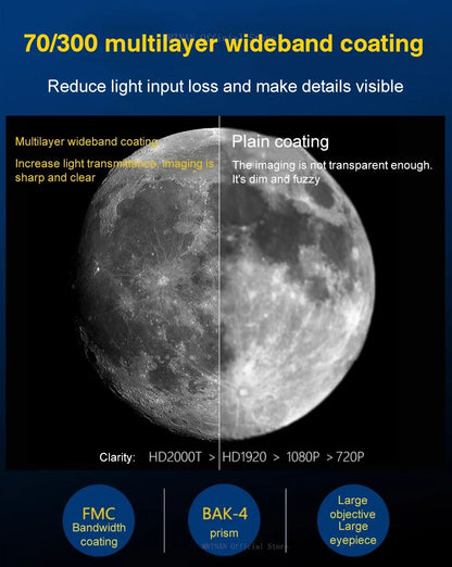 Telescópio Astronômico 150X, Telescópio Refrator Portátil de Viagem com Abertura de 70mm com Adaptador de Celular para Observação de Estrelas e da Lua