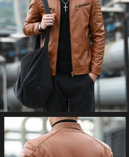 Men's Fleece Lined Biker Jacket Stand Collar Casual Versatile Spring Autumn Leather Coat for Students Fashionable Outerwear