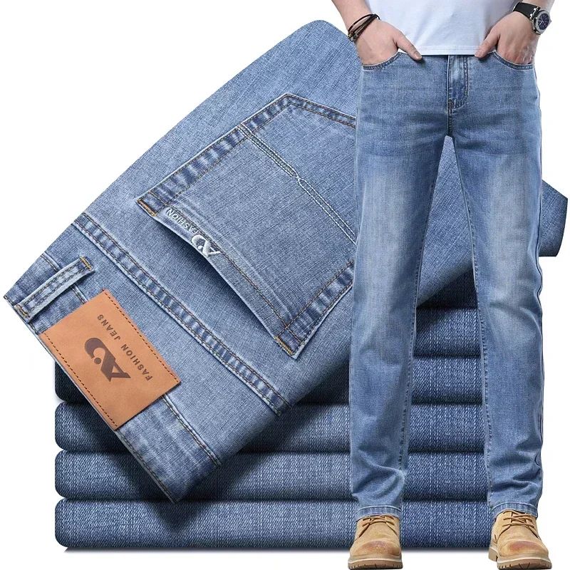 Calça Jeans Masculina Slim Fit 2024 de Material Fino ou Grosso Luxo Estilo Clássico Negócios Jeans Elástico Calças Masculinas Roupas