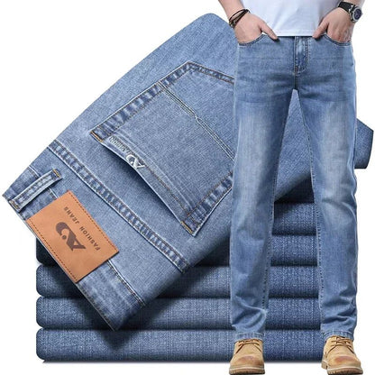 Calça Jeans Masculina Slim Fit 2024 de Material Fino ou Grosso Luxo Estilo Clássico Negócios Jeans Elástico Calças Masculinas Roupas