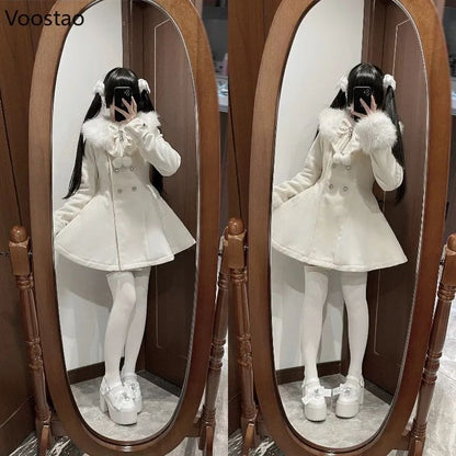 Autumn Winter Japanese Kawaii Lolita Woolen Coat Women Sweet Bow Plush Slim Jacket Female Korean Style Warm Dress Cute Overcoat