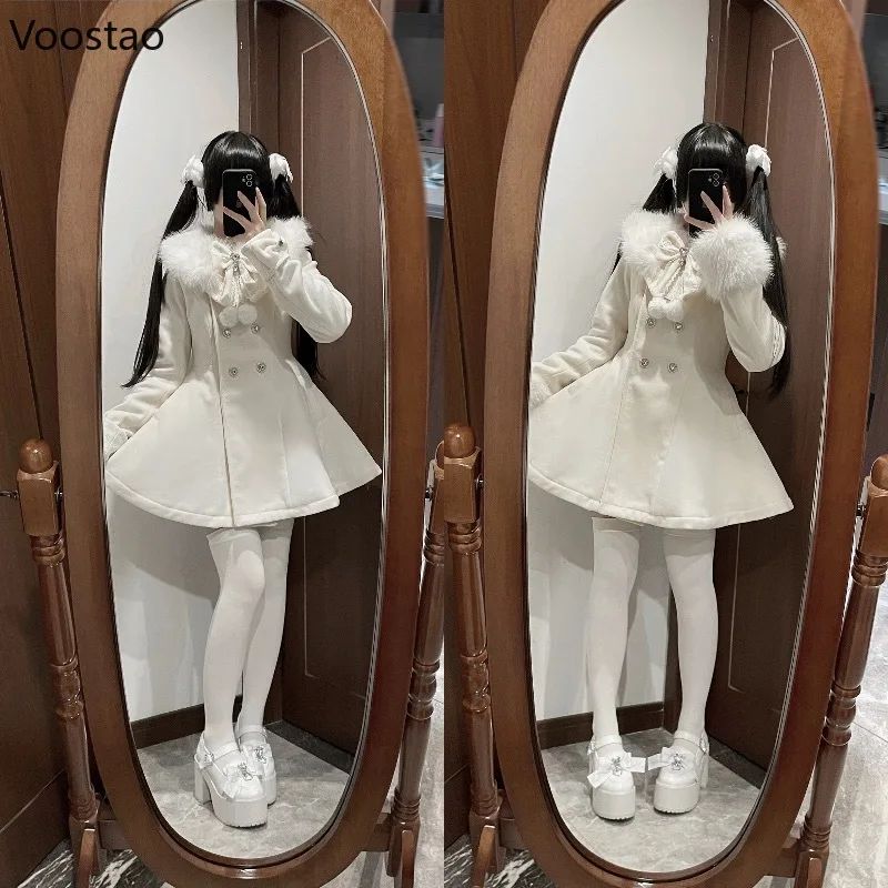 Autumn Winter Japanese Kawaii Lolita Woolen Coat Women Sweet Bow Plush Slim Jacket Female Korean Style Warm Dress Cute Overcoat